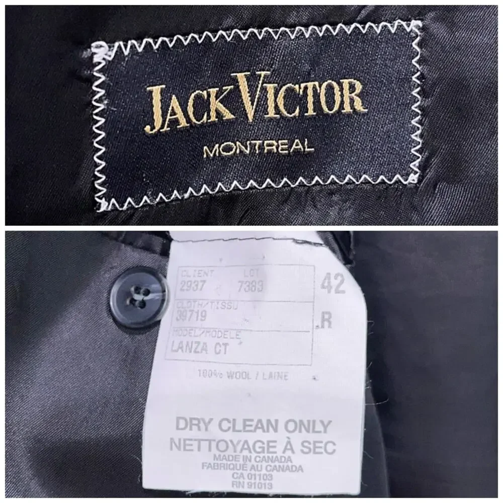 Jack Victor Wool Windowpane Suit Charcoal Gray Mens 42R 36x29 Pleated Pants